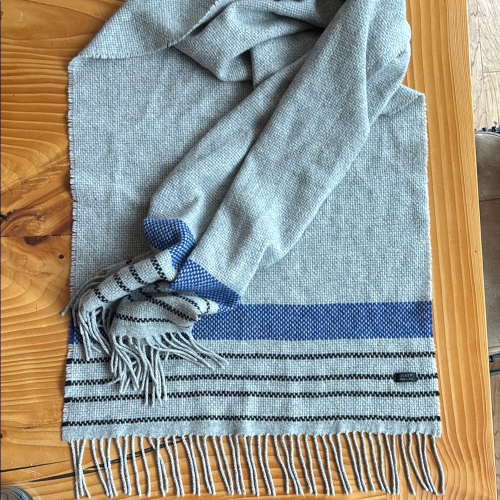 J.Crew Basket Weave Gray and Blue Striped Wool Scarf made in Italy. Stunning.